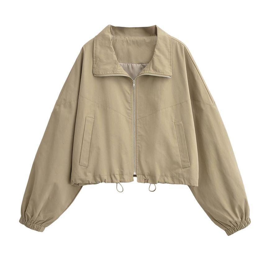 Stand Collar Plain Drawstring Zip Jacket Product Image