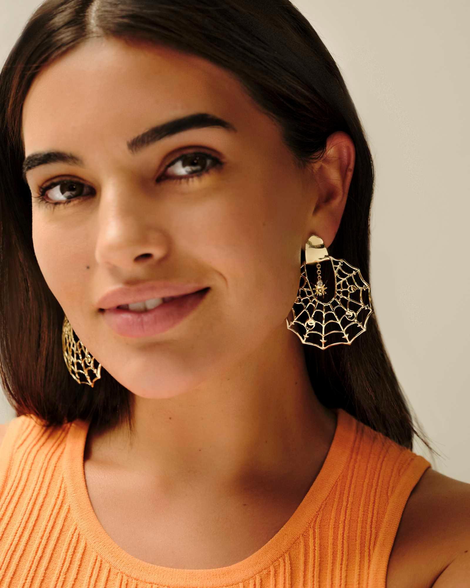 Spiderweb Gold Statement Earrings in White CZ Product Image