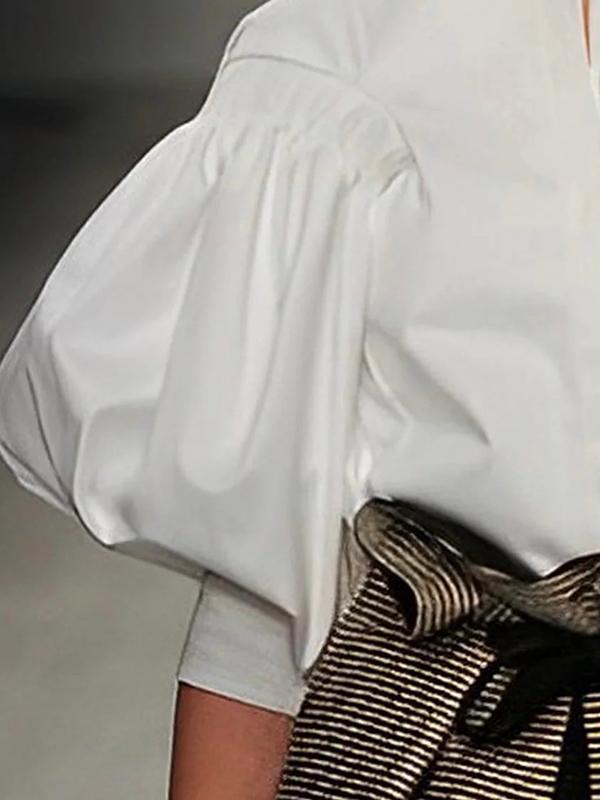 Puff Sleeves Buttoned Solid Color Blouses&Shirts Tops Product Image