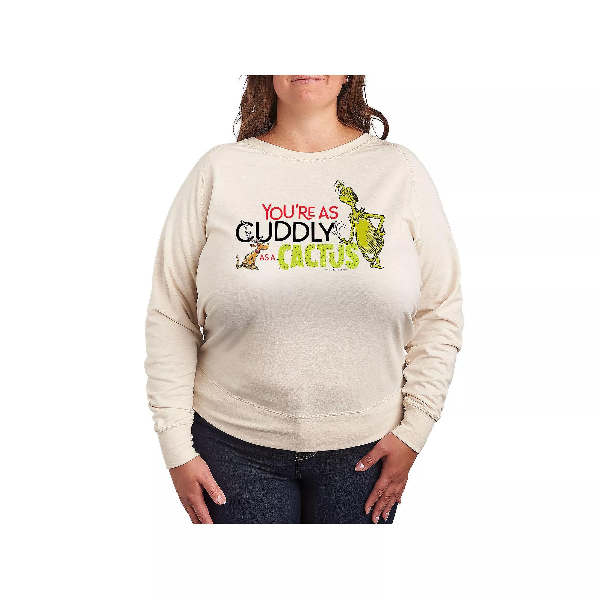 Plus Size Dr. Seuss The Grinch Cuddly As A Cactus French Terry Long Sleeve Tee, Women's, Size: 4XL, Beige Product Image