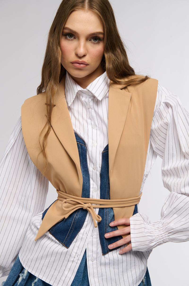 WORKING WOMAN SIDE TIE BLAZER VEST IN TAN Female Product Image