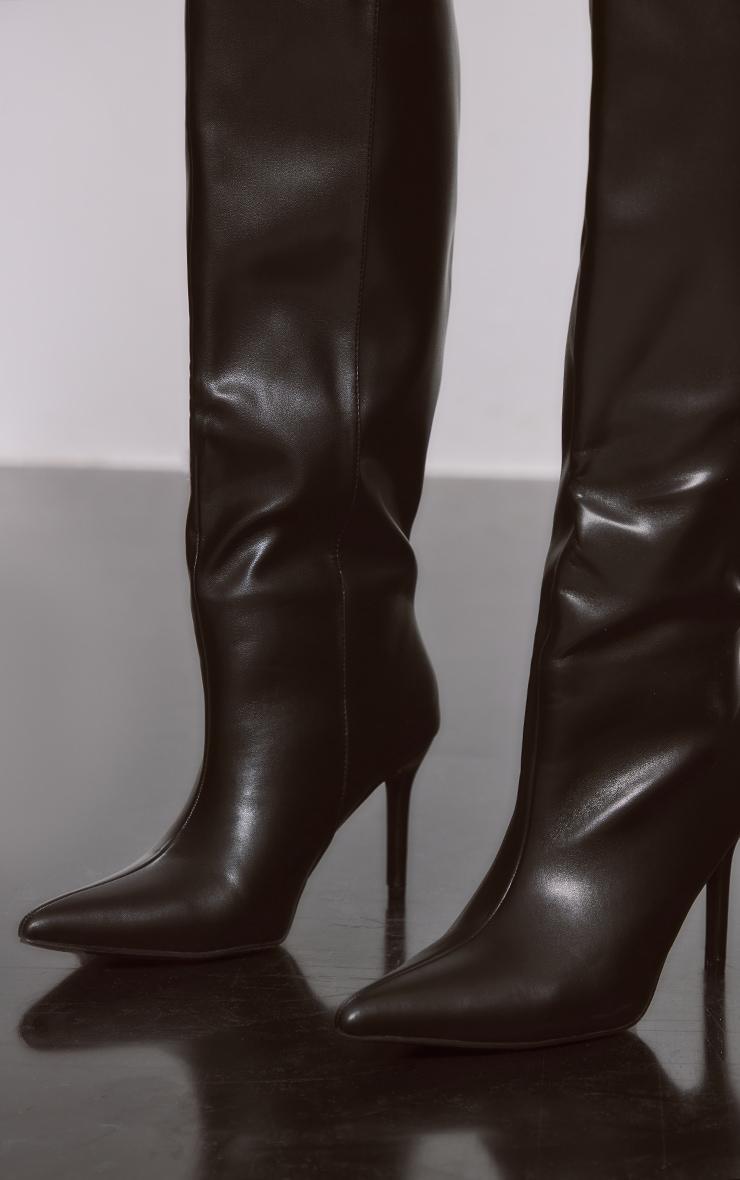 Black PU Detail Point Toe Stiletto Heeled Knee Boots Product Image