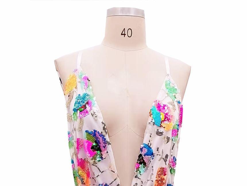 Spaghetti-Strap V-Neck Sequin Mini A-Line Dress Product Image