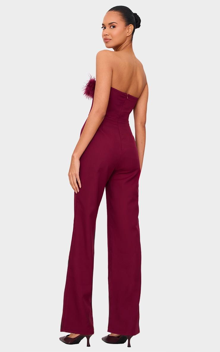 Burgundy Faux Fur Bandeau Straight Leg Jumpsuit Product Image