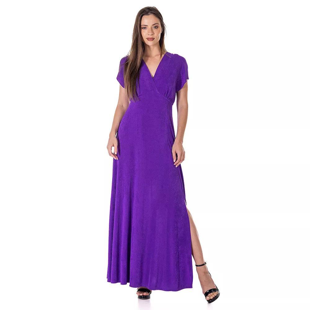 Women's 24Seven Comfort Apparel Flutter Sleeve Metallic Knit Maxi Dress Front Slit Empire Waist, Size: Small, Purple Product Image