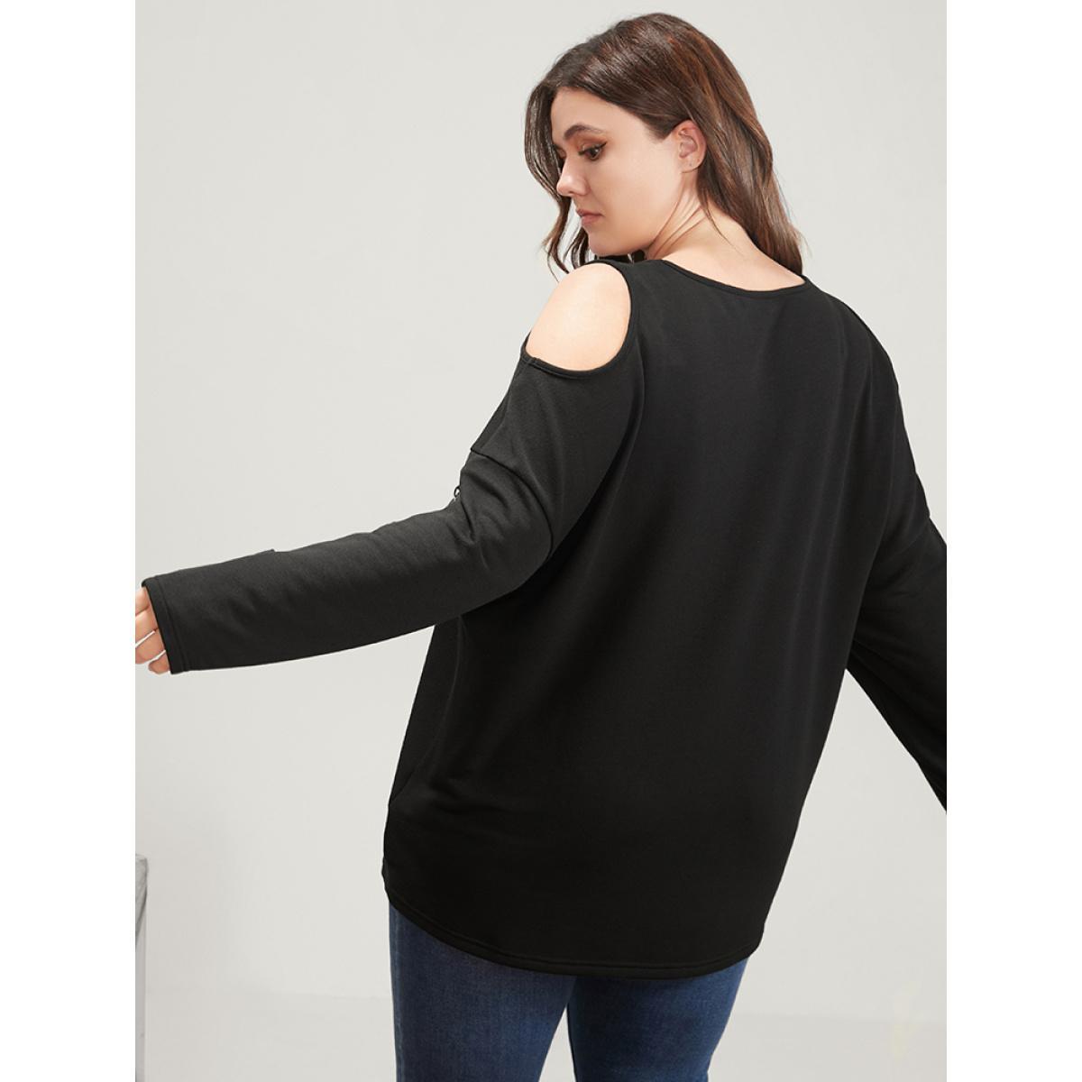 Plus Size Halloween Skull Print Cold Shoulder Sweatshirt Women Black Elegant Printed Round Neck Dailywear Sweatshirts BloomChic 10/M Product Image