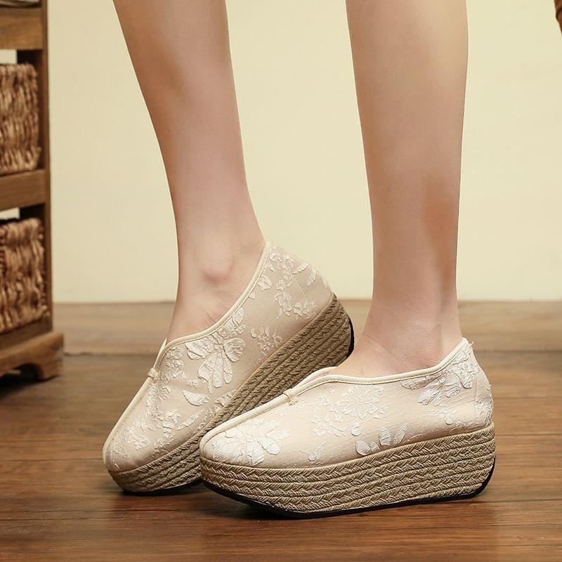 Platform Flower Embroidered Slip Ons Product Image