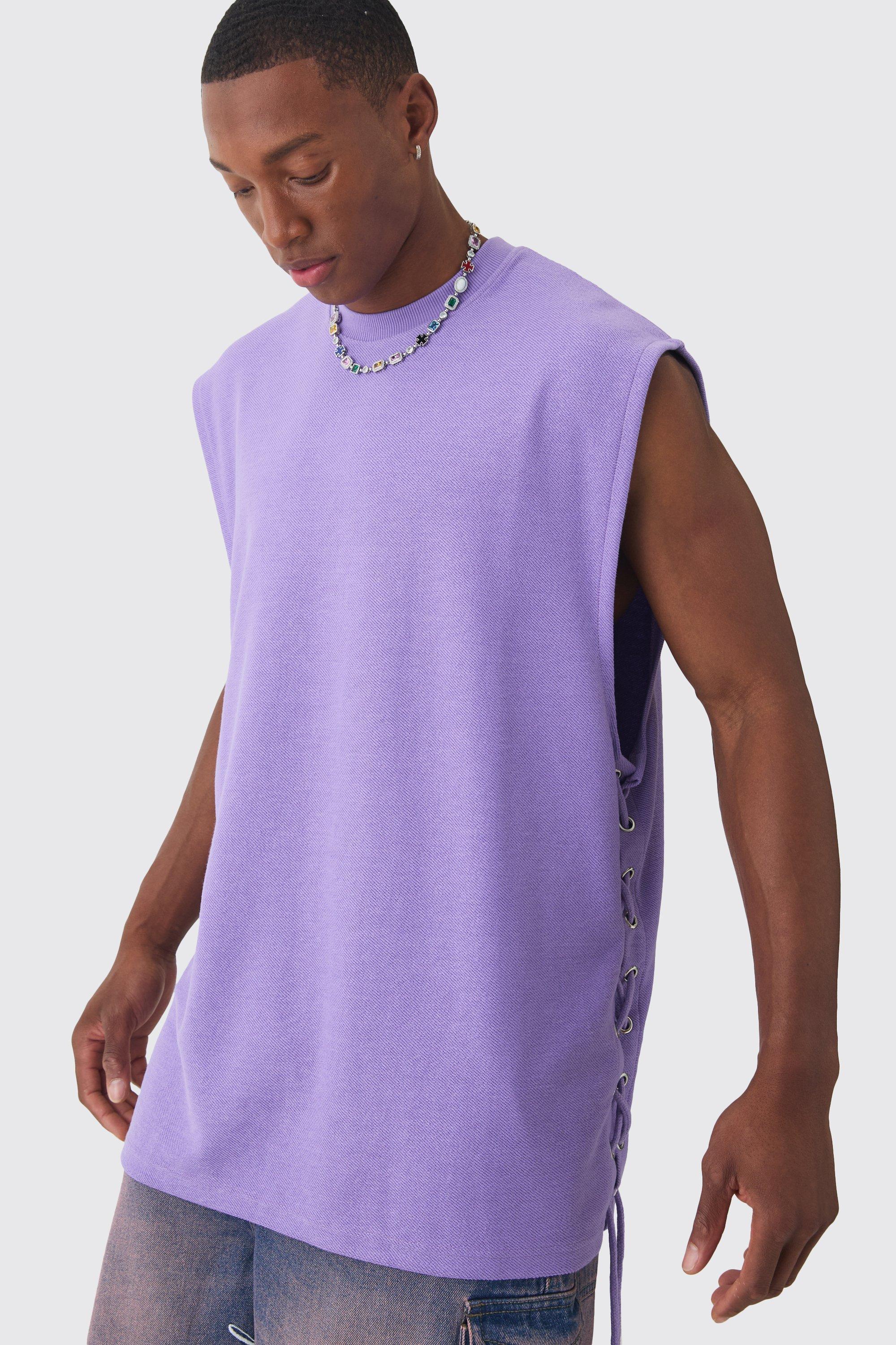 Mens Oversized Reverse Loopback Lace Up Tank - Purple Product Image