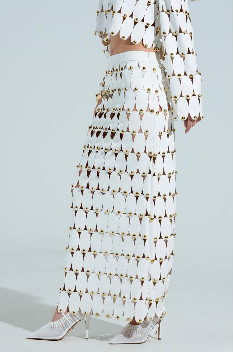 THE SNEAK PEEK STUDDED PU MIDI SKIRT IN WHITE Product Image