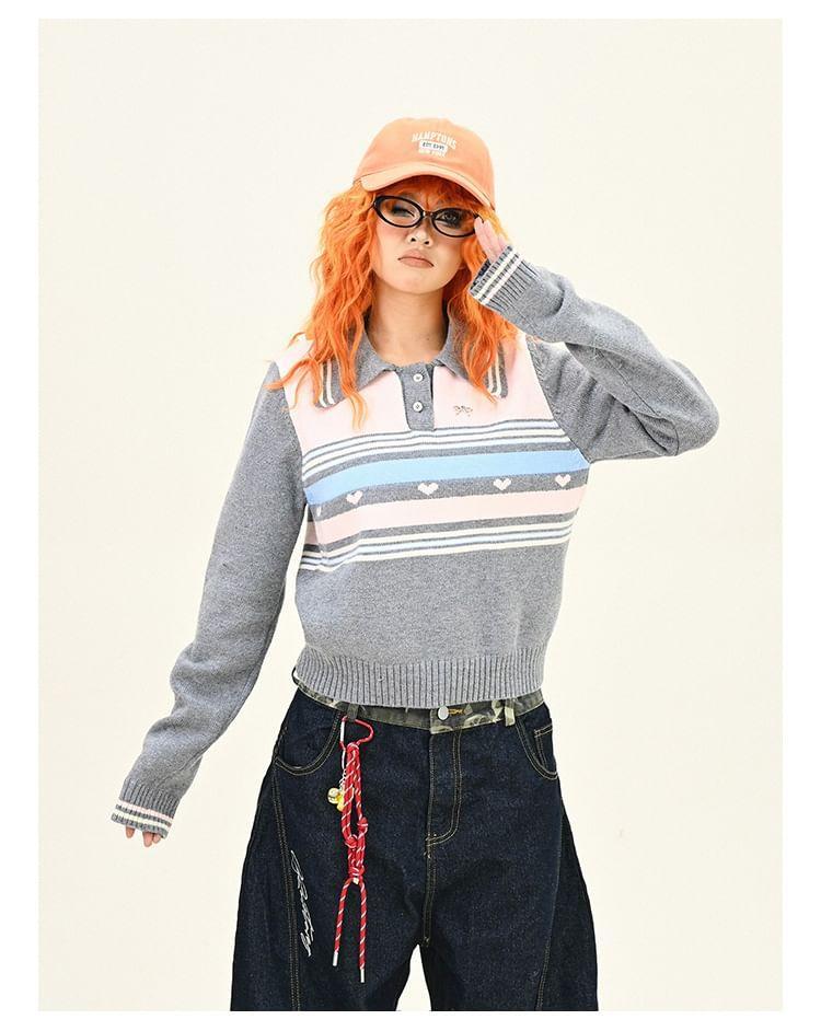 Polo Collared Heart Striped Crop Sweater Product Image