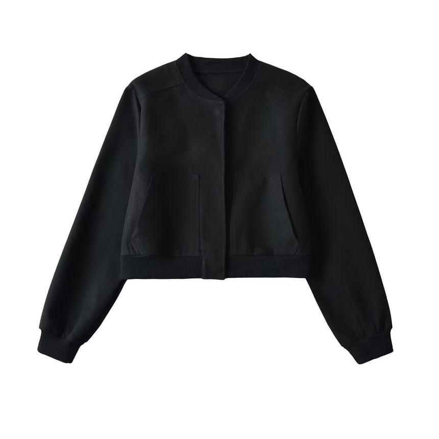 Plain Cropped Button Bomber Jacket Product Image