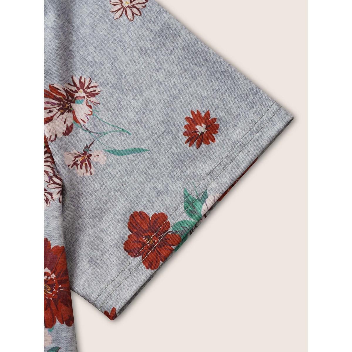 Plus Size Natural Flowers & Letter Print Crew Neck T-shirt Mediumgray Women Casual Contrast Natural Flowers Round Neck Everyday T-shirts BloomChic 14-16/1X Product Image
