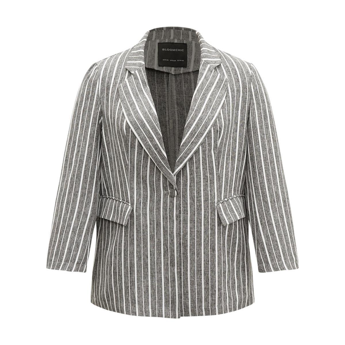 Plus Size Striped Suit Collar Button Up Blazer DimGray Women Dailywear Striped Contrast Sleeve Long Sleeve Suit Collar 10/M Pocket Casual Blazers BloomChic Product Image