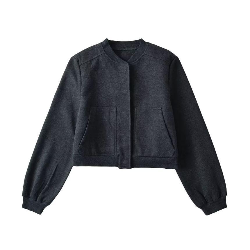 Plain Cropped Button Bomber Jacket Product Image