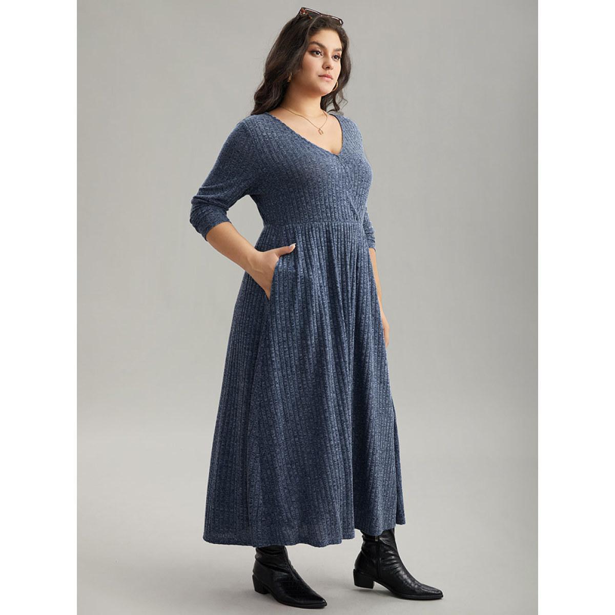 Plus Size Solid Rib Knit Overlap Collar Pocket Dress Indigo Women Casual Texture Overlap Collar Long Sleeve Curvy Midi Dress BloomChic 14-16/1X Product Image