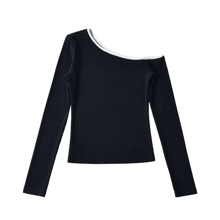 One-Shoulder Long-Sleeve Contrast Trim Tee Product Image