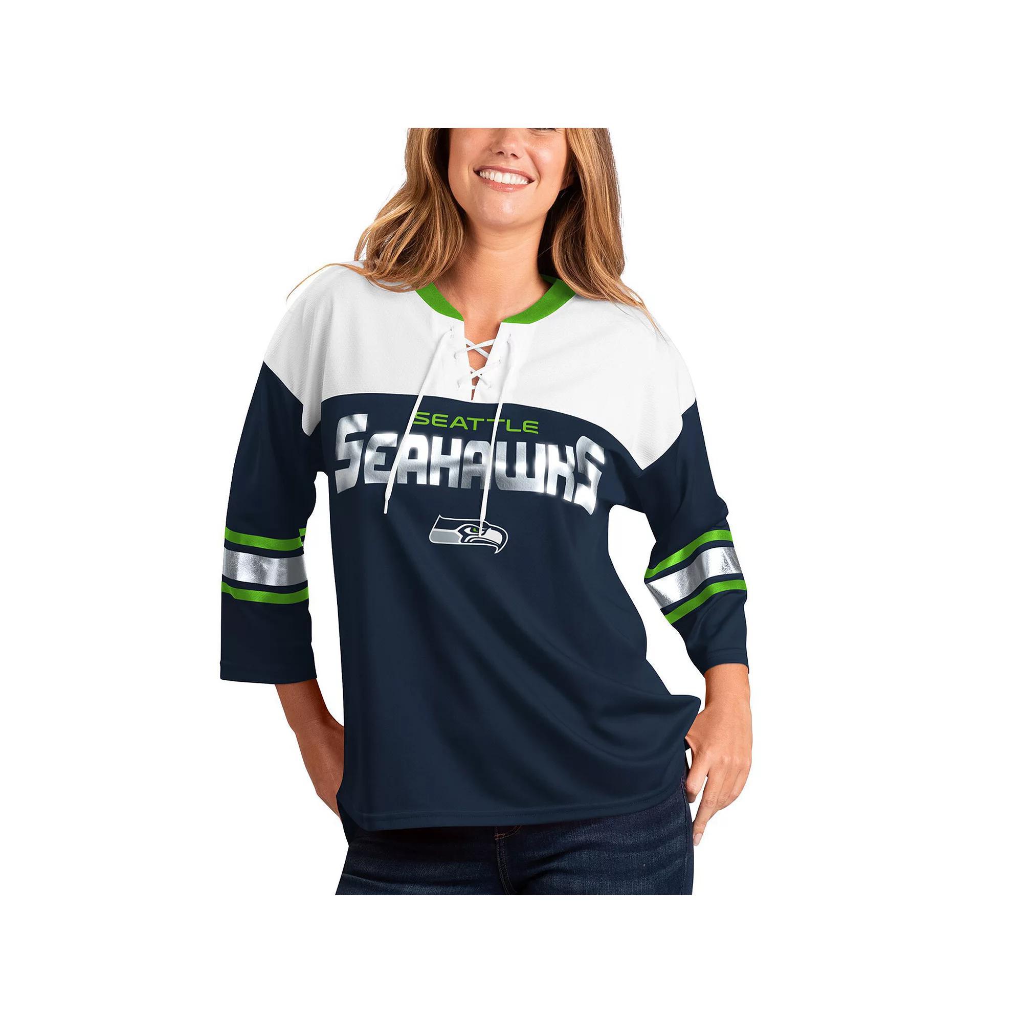 Women's G-III 4Her by Carl Banks Black/White Carolina Panthers Double Team Three-Quarter Sleeve Lace-Up T-Shirt, Size: XS Product Image