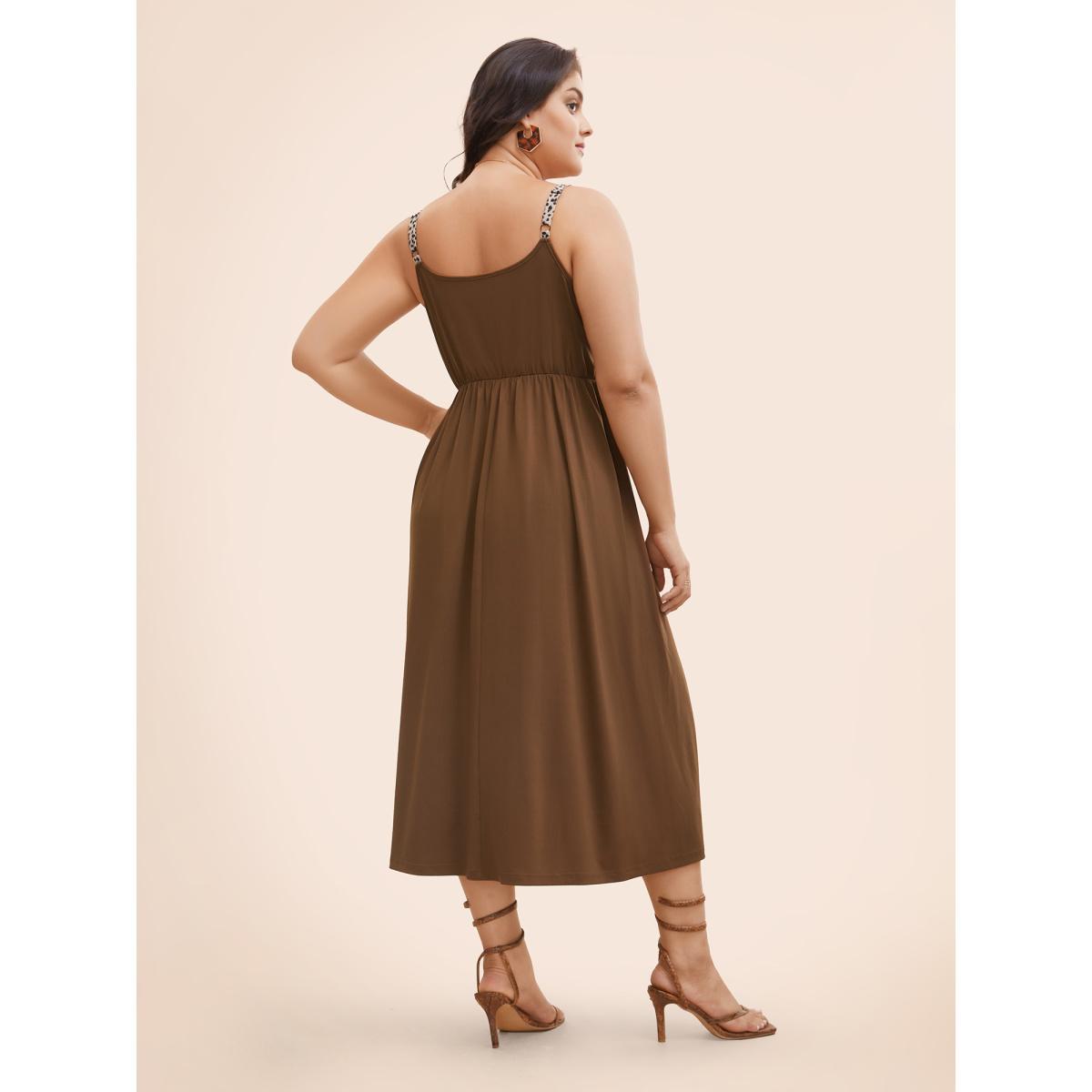 Plus Size Leopard Print Patchwork Ties Cami Dress Browncoffeecolor Women Elegant Tie knot V-neck Sleeveless Curvy BloomChic 14-16/1X Product Image