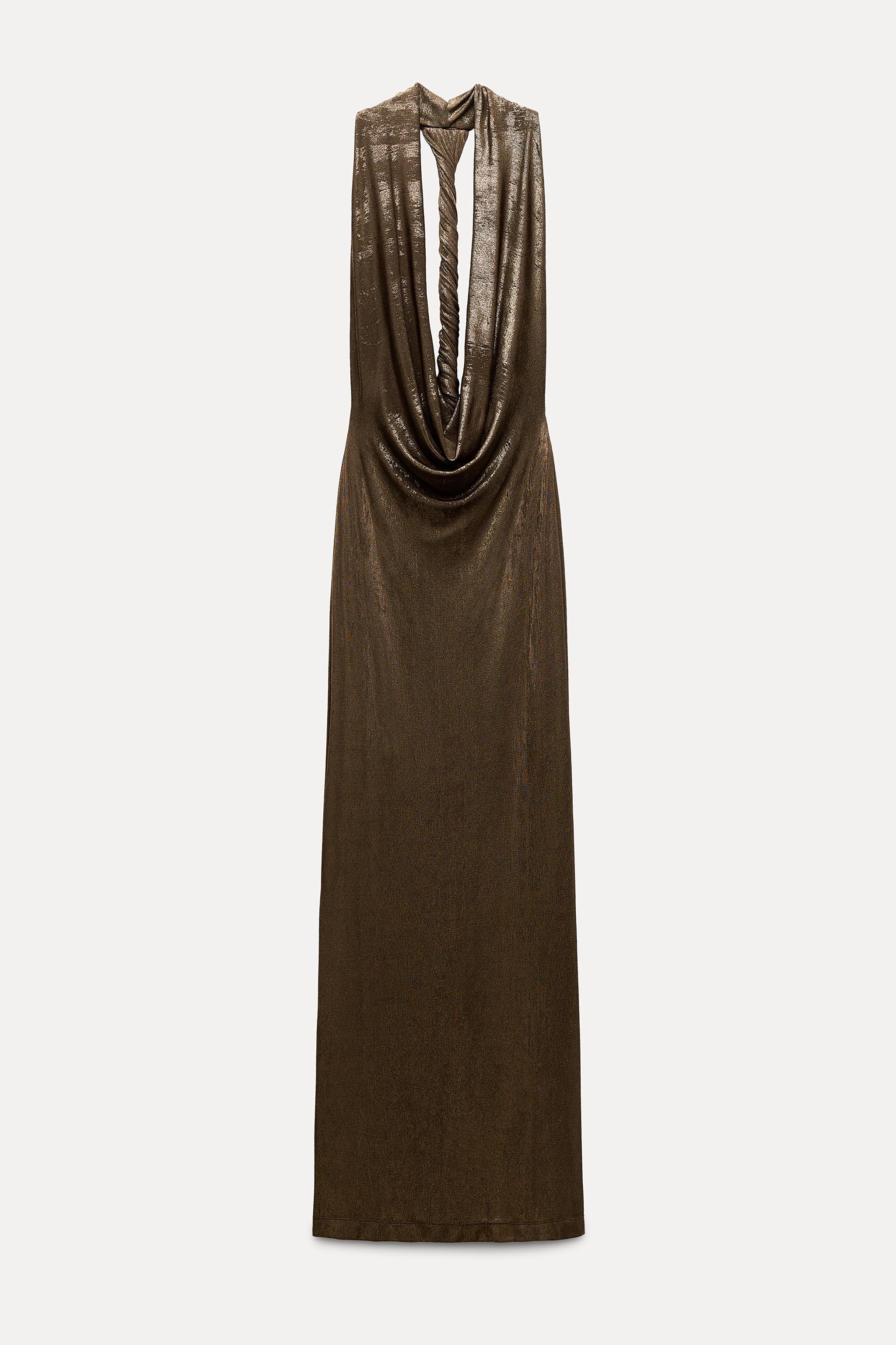 LONG FOIL HALTER DRESS Product Image