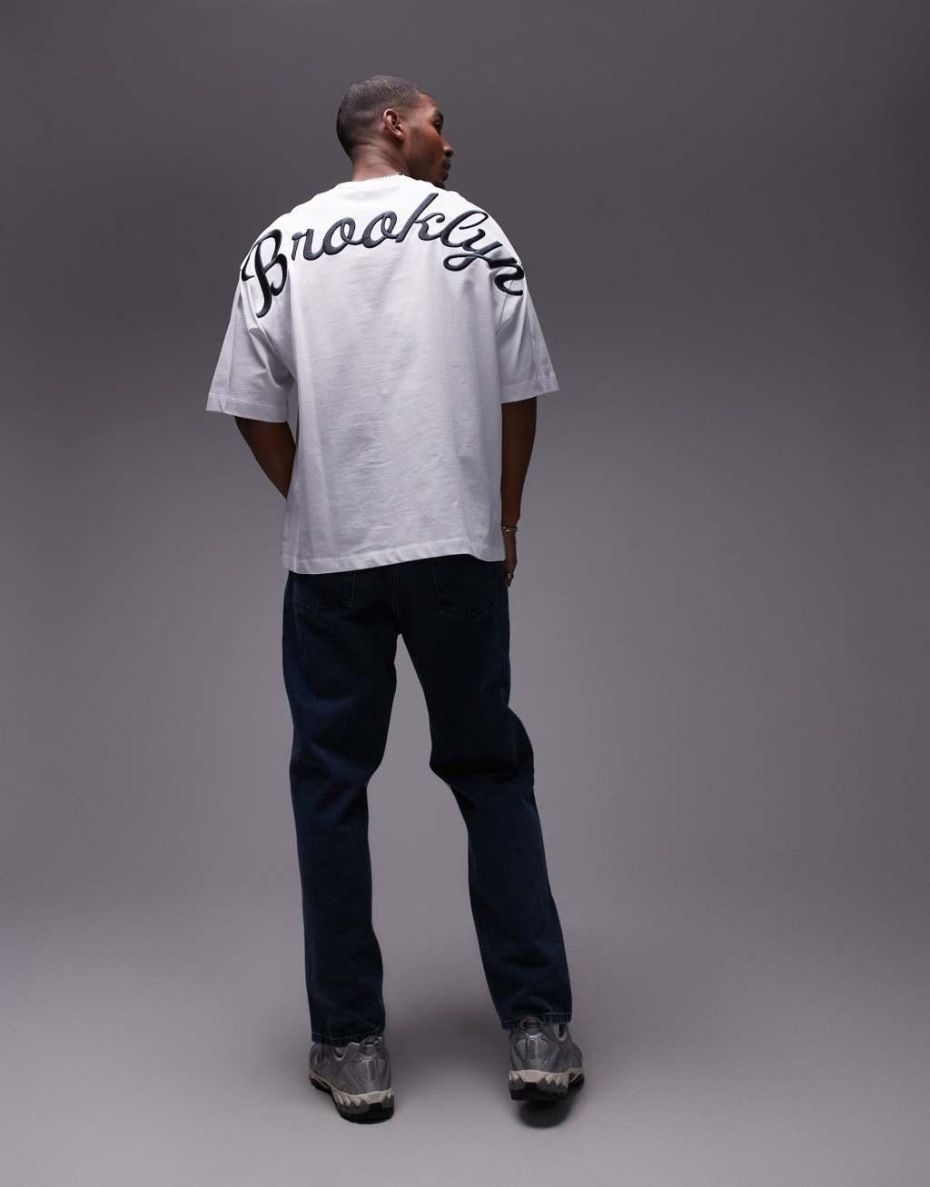 Topman heavyweight extreme oversized fit t-shirt with front and back Brooklyn embroidery in white Product Image