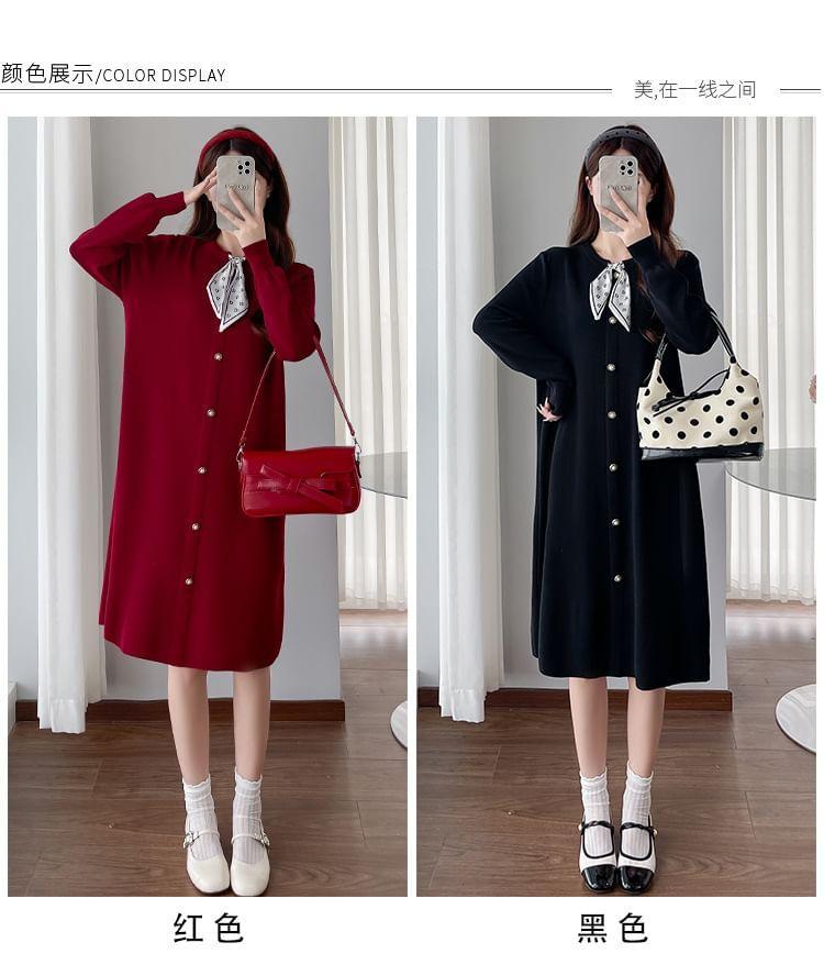 Maternity Long-Sleeve Round Neck Plain Button A-Line Dress Product Image