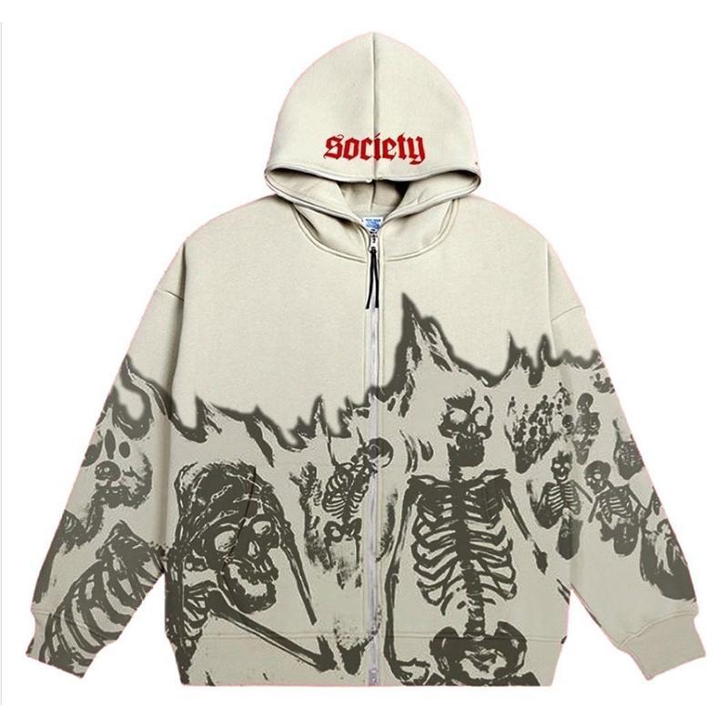 Vintage Flame Skull Print Graphic Zip Up Hoodie Product Image