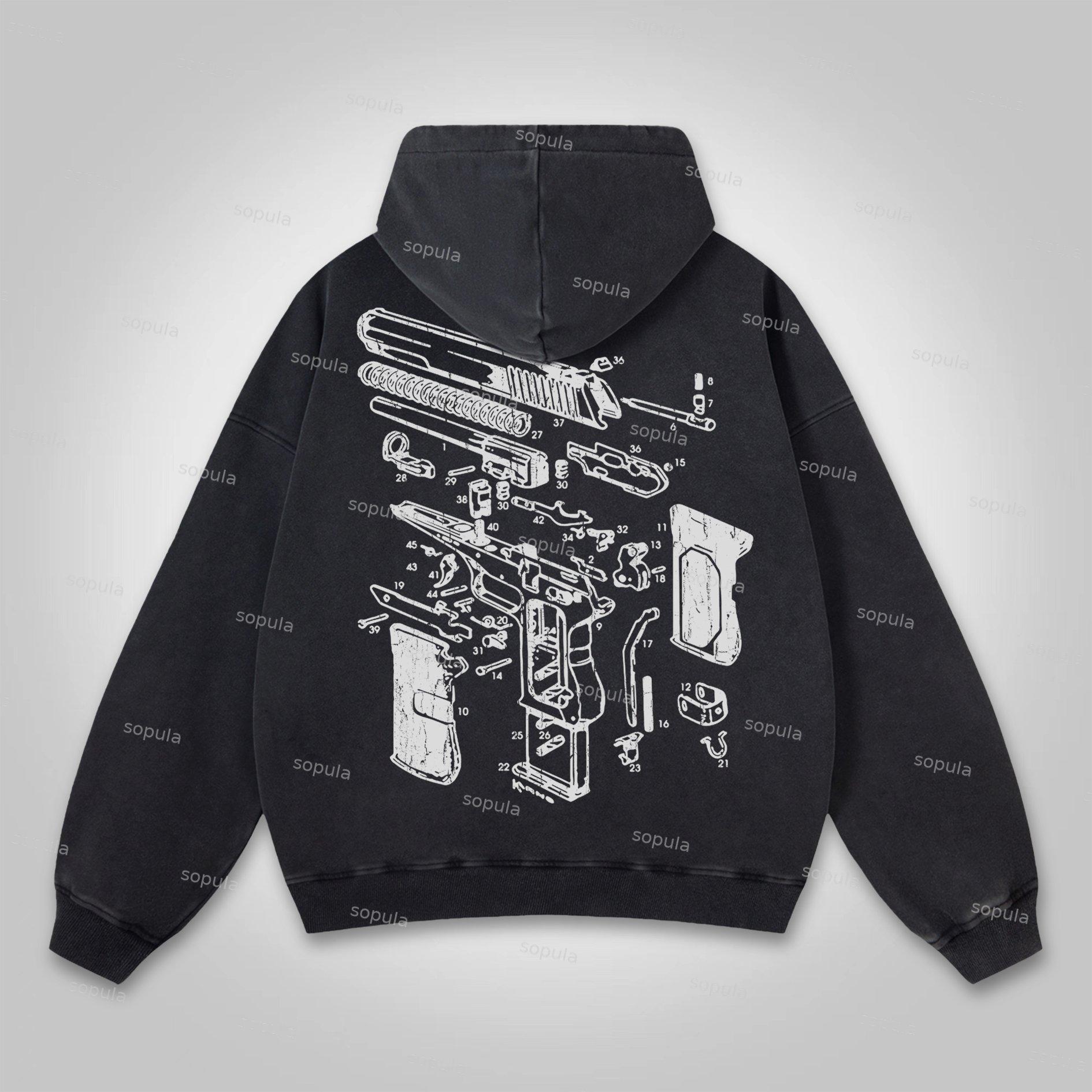 Sopula Love Peace Retro Deconstructed Gun Graphic Washed Hoodie Product Image