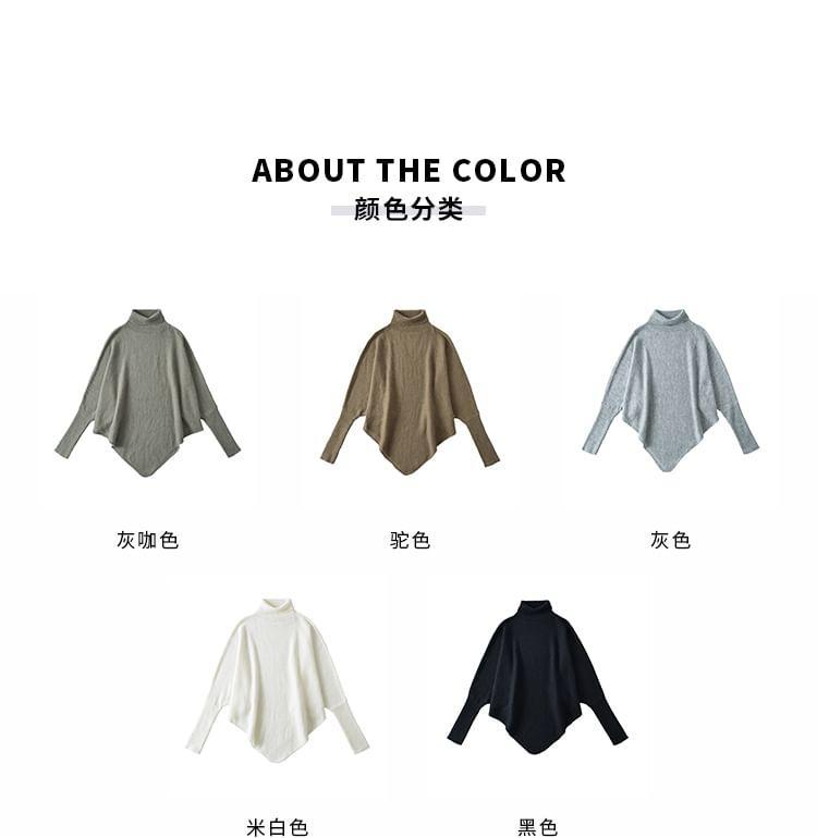 Bat Sleeve Turtleneck Plain Asymmetrical Sweater Product Image