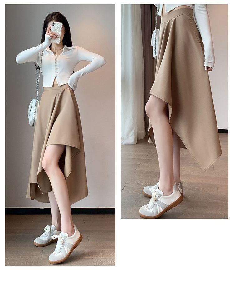 High Waist Plain Asymmetrical Midi A-Line Skirt Product Image