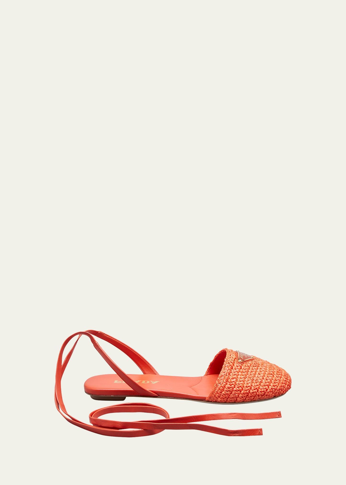 Triangle Logo Raffia Ankle-Wrap Flats Product Image