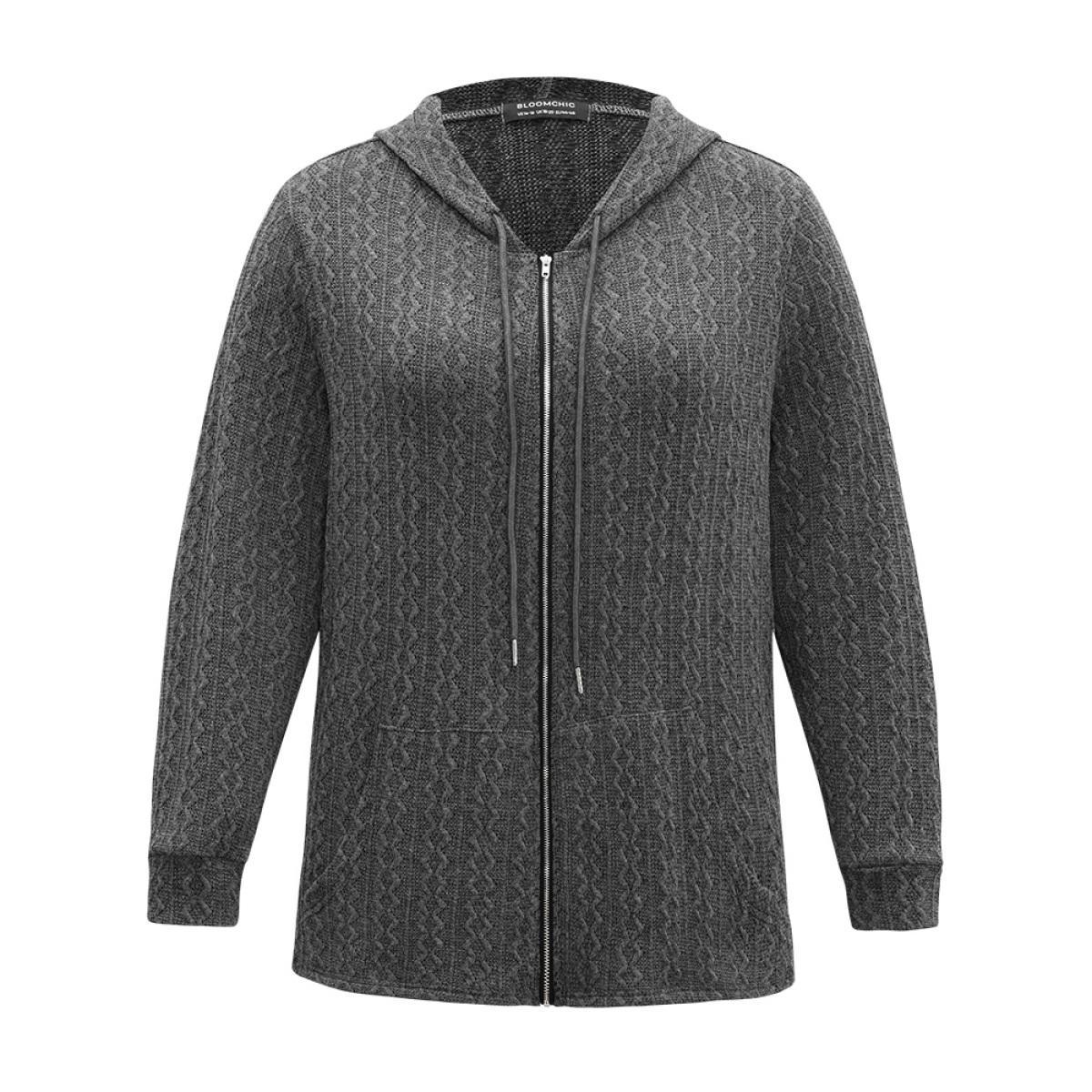 Plus Size Plain Textured Zipper Hooded Sweatshirt Women DimGray Casual Non Hooded Everyday Sweatshirts BloomChic 10/M Product Image