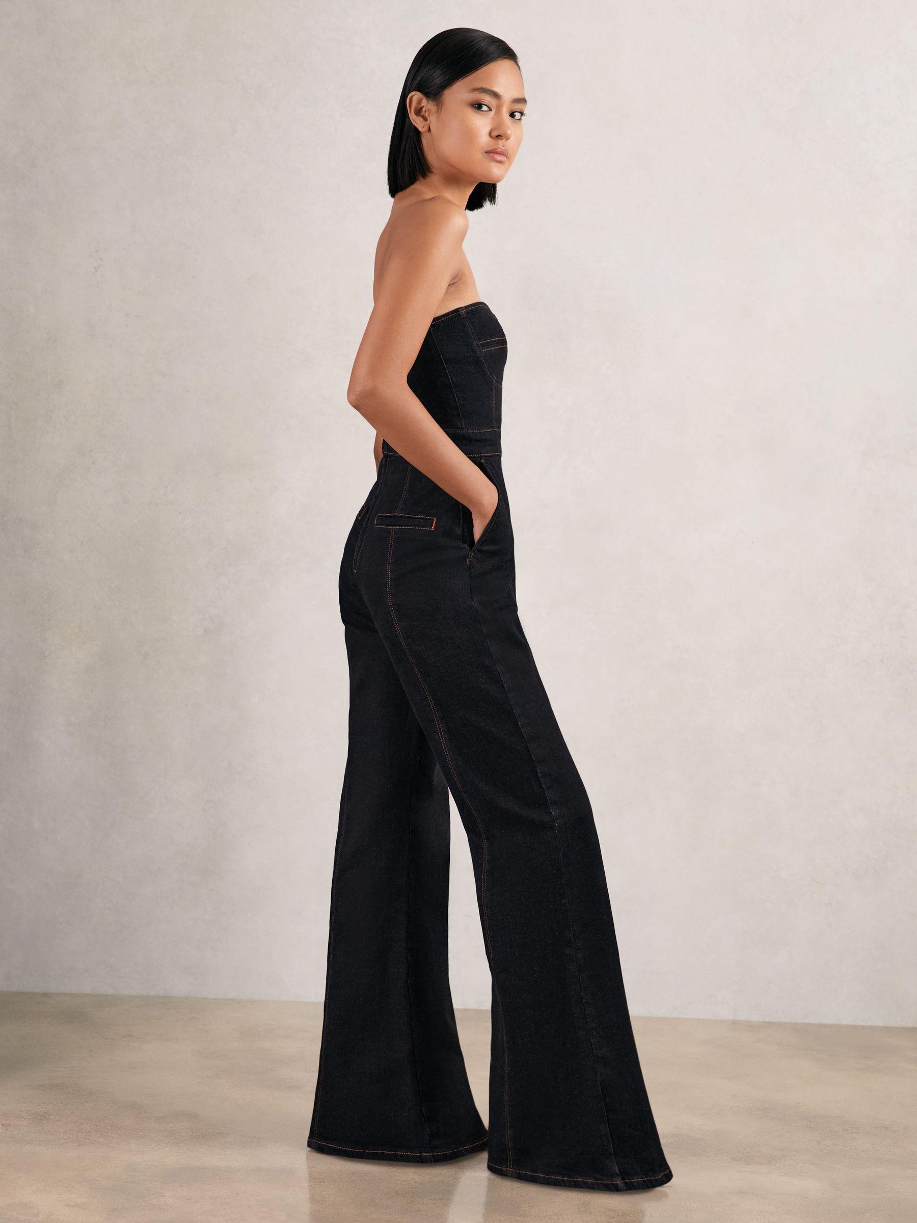 Strapless Wide Leg Denim Jumpsuit in Indigo Blue Product Image