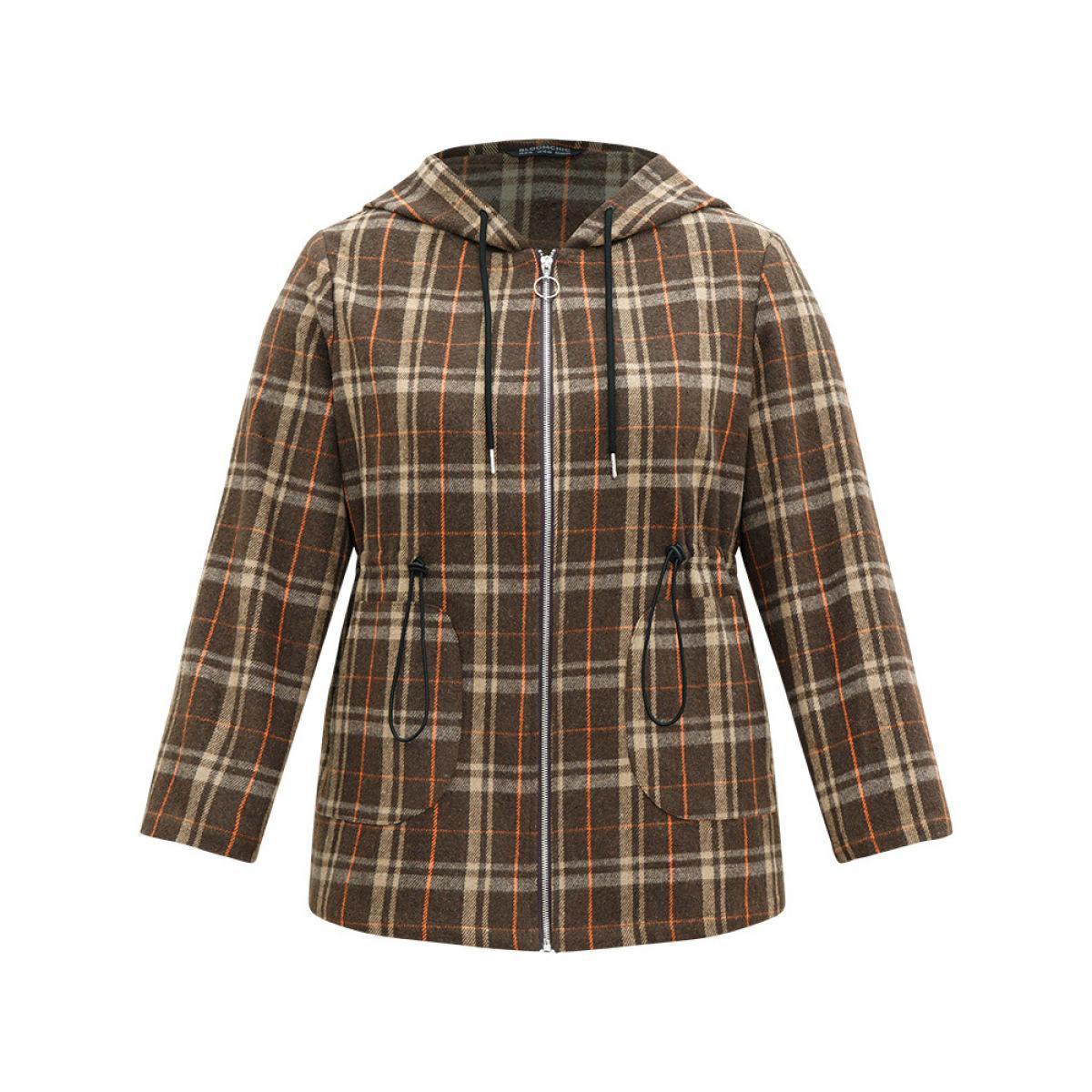 Plus Size Plaid Drawstring Slant Pocket Coat Women DarkBrown Casual Contrast Ladies Dailywear Winter Coats BloomChic 18-20/2X Product Image