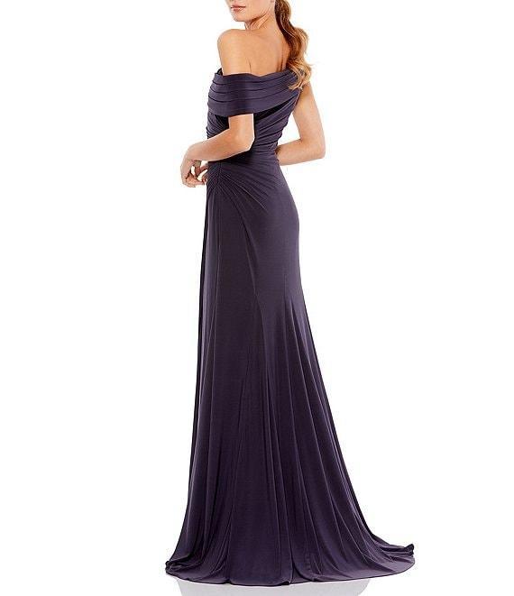 Mac Duggal One Shoulder Cap Sleeve Ruched Thigh High Slit Faux Wrap Gown Product Image