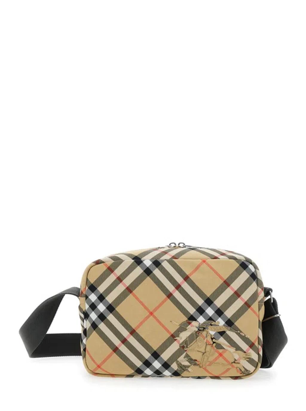 BURBERRY Beige Shoulder Bag With All-over Vintage Check Motif In Tech Fabric Man Product Image