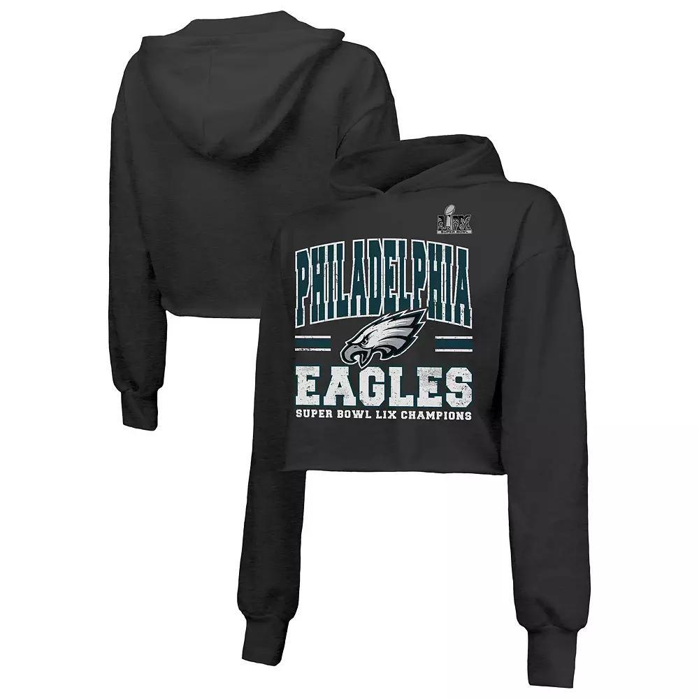 Women's Majestic Threads  Black Philadelphia Eagles Super Bowl LIX Champions Fair Catch Tri-Blend Cropped Pullover Hoodie, Size: XL, Team Product Image
