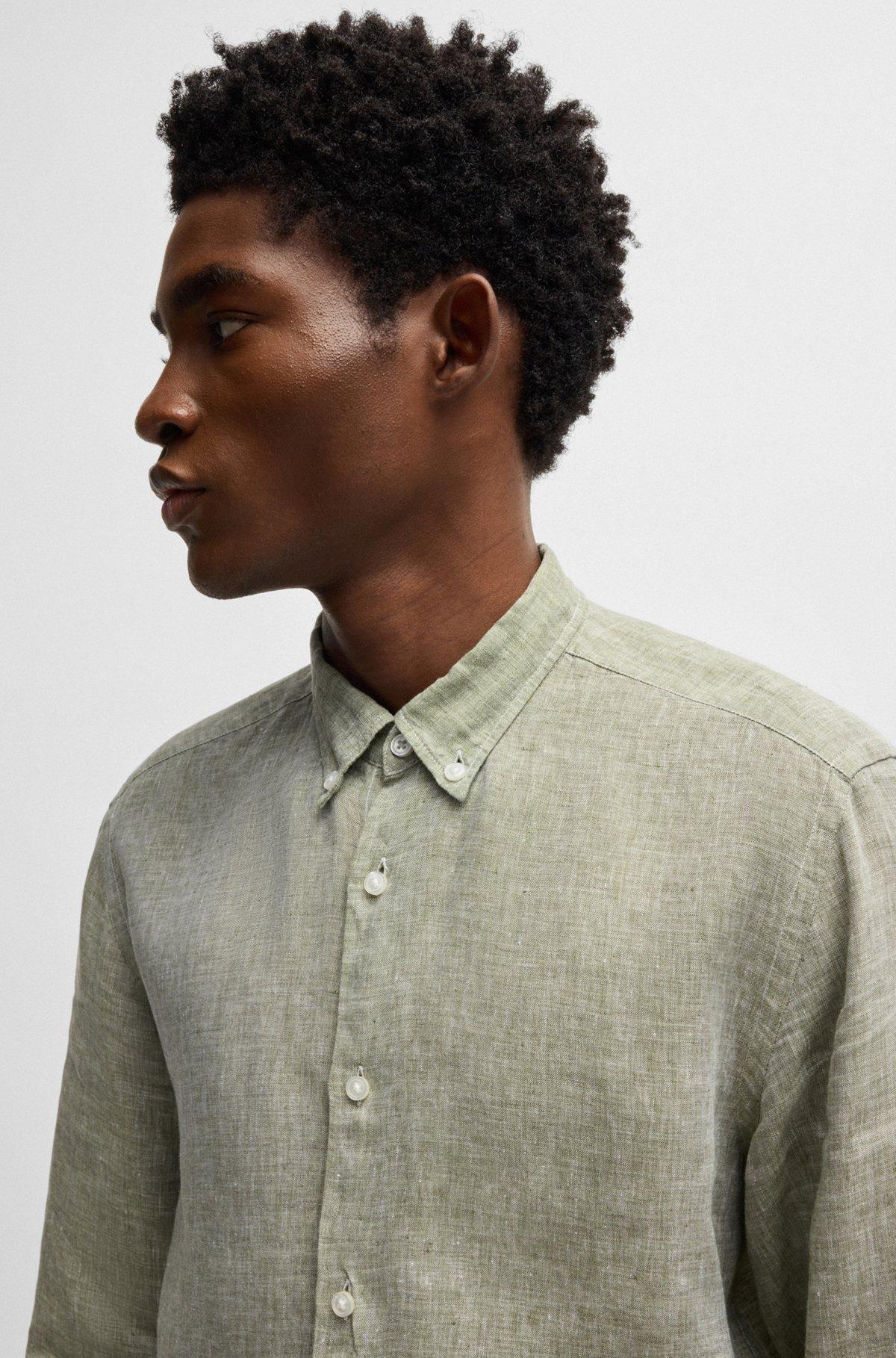 BOSS - Regular-fit button-down shirt in linen - Green Product Image