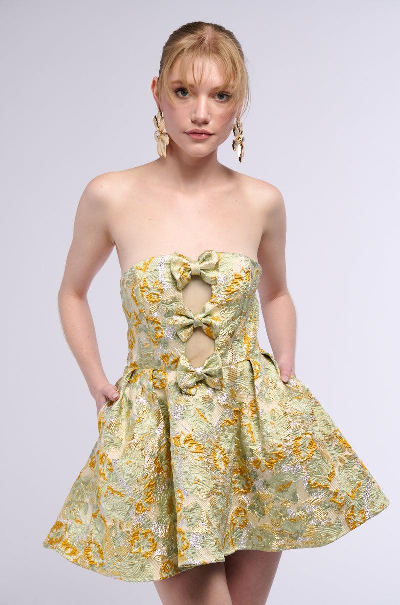 BELLE OF THE BALL BROCADE MINI DRESS IN GREEN MULTI Product Image