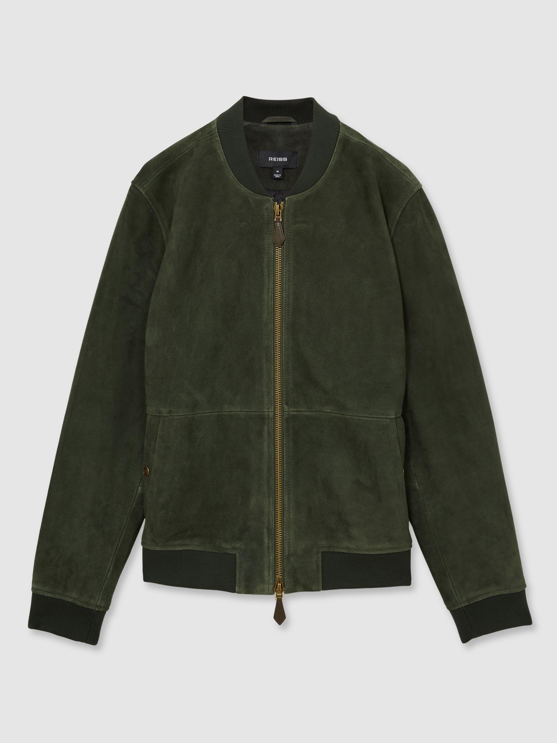 Suede Zip-Through Bomber Jacket in Antique Dark Forest Green Product Image