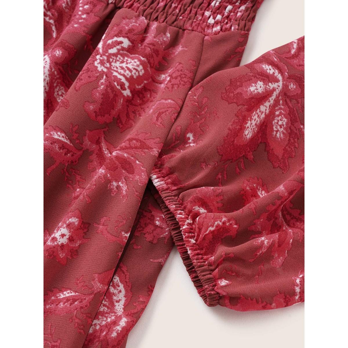 Plus Size Square Neck Floral Shirred Gathered Mesh Dress Russet Women Elegant See through Square Neck Long Sleeve Curvy Midi Dress BloomChic 12/L Product Image