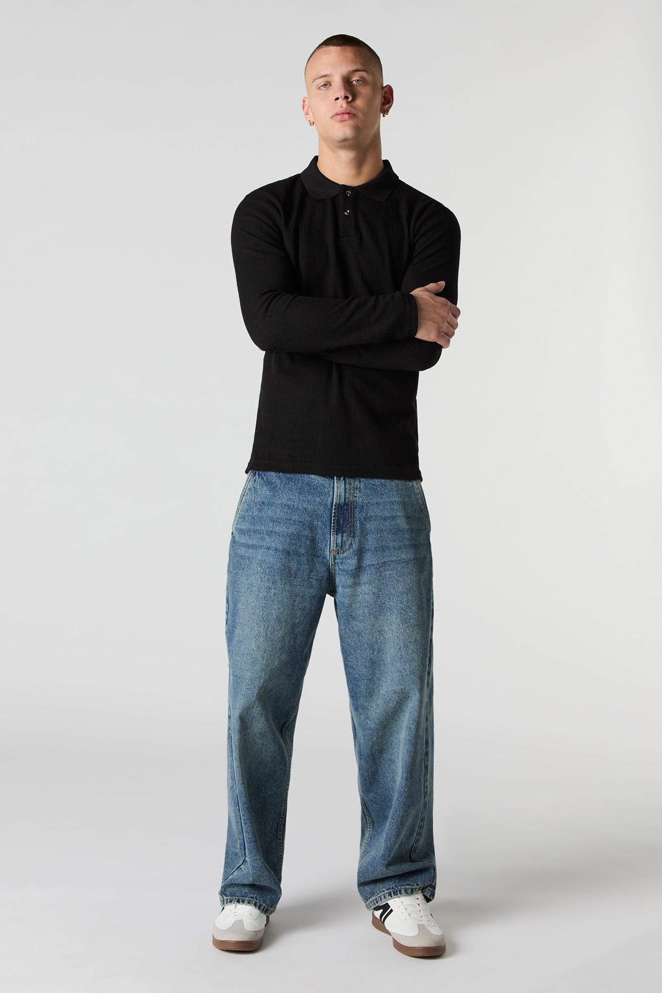 Waffle Knit Long Sleeve Polo Top Male Product Image