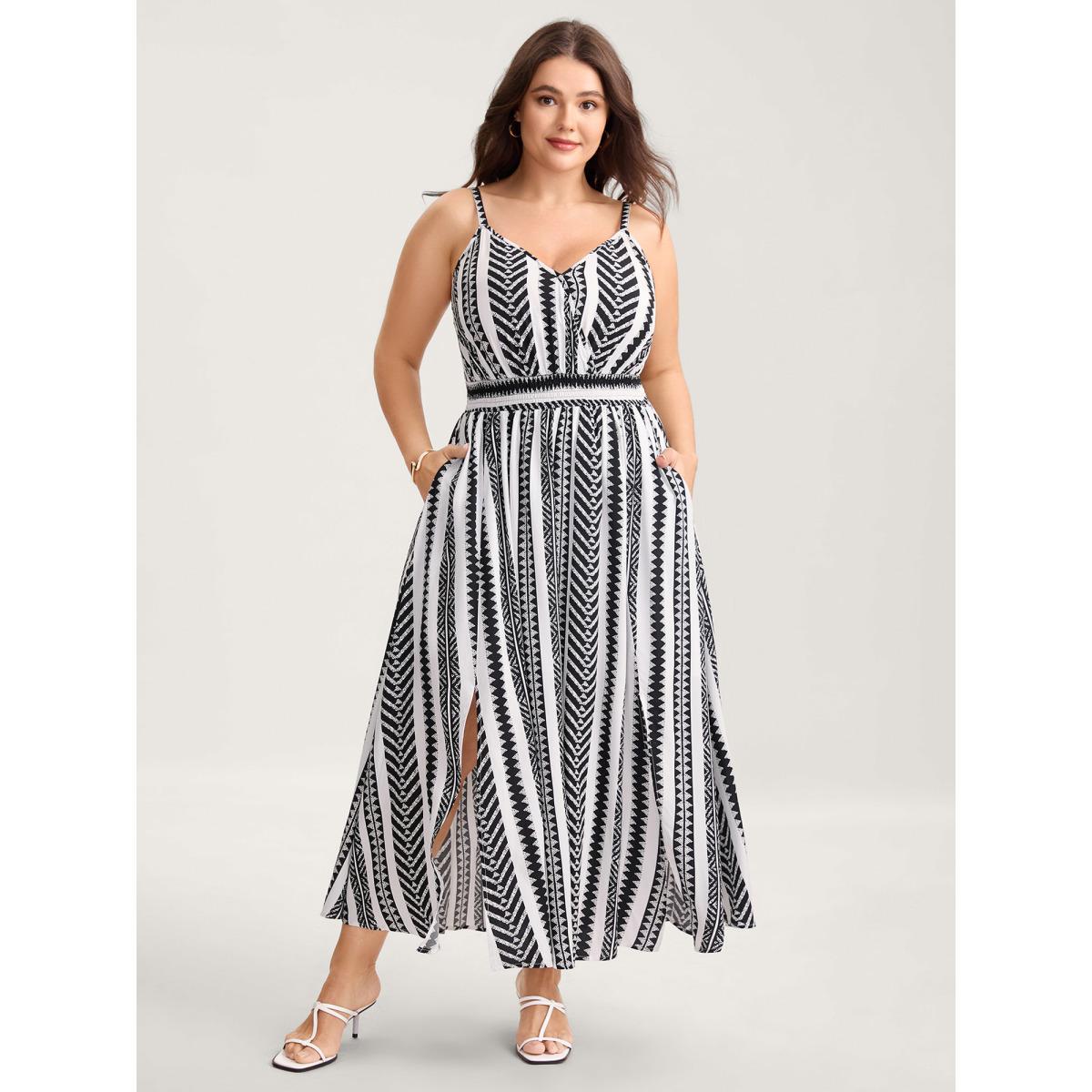 Plus Size Geometric Stripe Shirred Cami Midi Dress WhiteSmoke Women Slit V-neck Sleeveless Curvy BloomChic 10/M Product Image