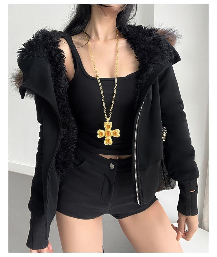 Asymmetrical Faux Fur-Collar Hooded Jacket Product Image