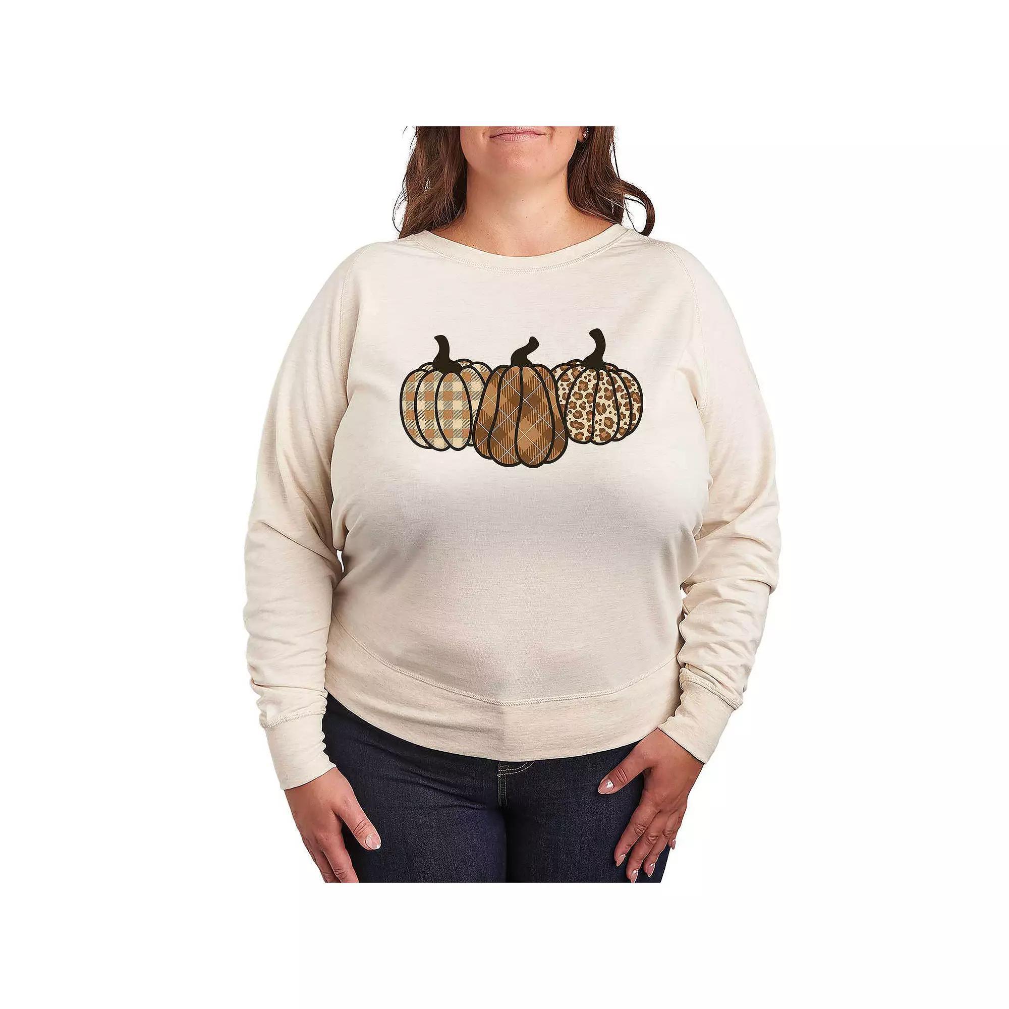 Plus Size Brown Plaid Pumpkins French Terry Long Sleeve Tee, Women's, Size: 1XL, Beige Product Image