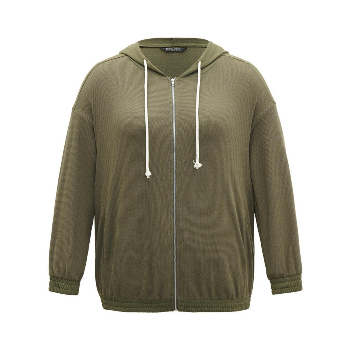 Plus Size Waffle Knit Hooded Drawstring Sweatshirt Women ArmyGreen Casual Plain Loose Hooded Dailywear Sweatshirts BloomChic 26/4X Product Image