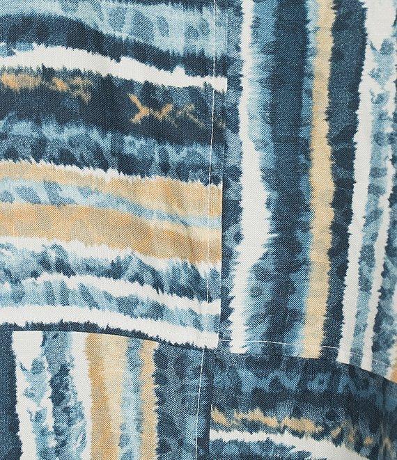 Ali Miles Plus Size Woven Linen Blend Abstract Stripe Round Neck Elbow Sleeve Sharkbite Hem Tunic Product Image