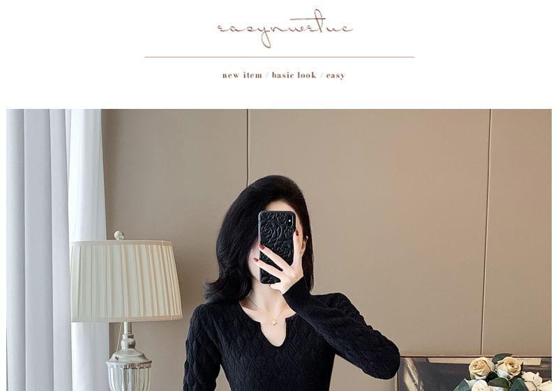 Long-Sleeve Notch Neck Plain Knit Mermaid Dress Product Image