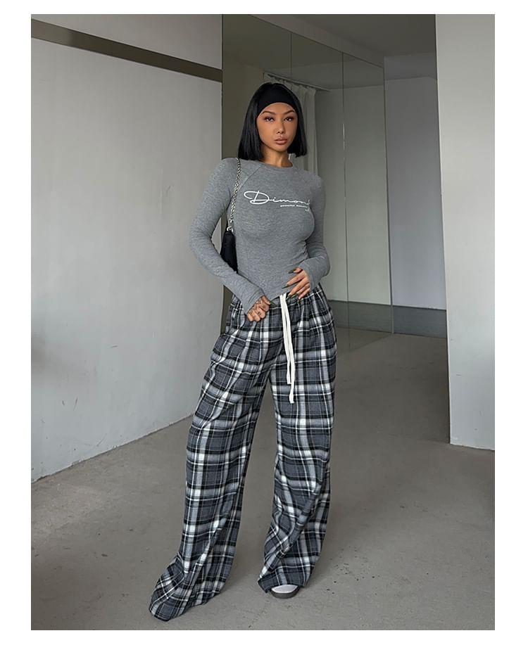 Drawstring Waist Plaid Wide Leg Pants Product Image