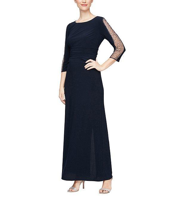 Ignite Evenings Petite Size Boat Neck 3/4 Embellished Sleeve Ruched Waist Sheath Dress Product Image