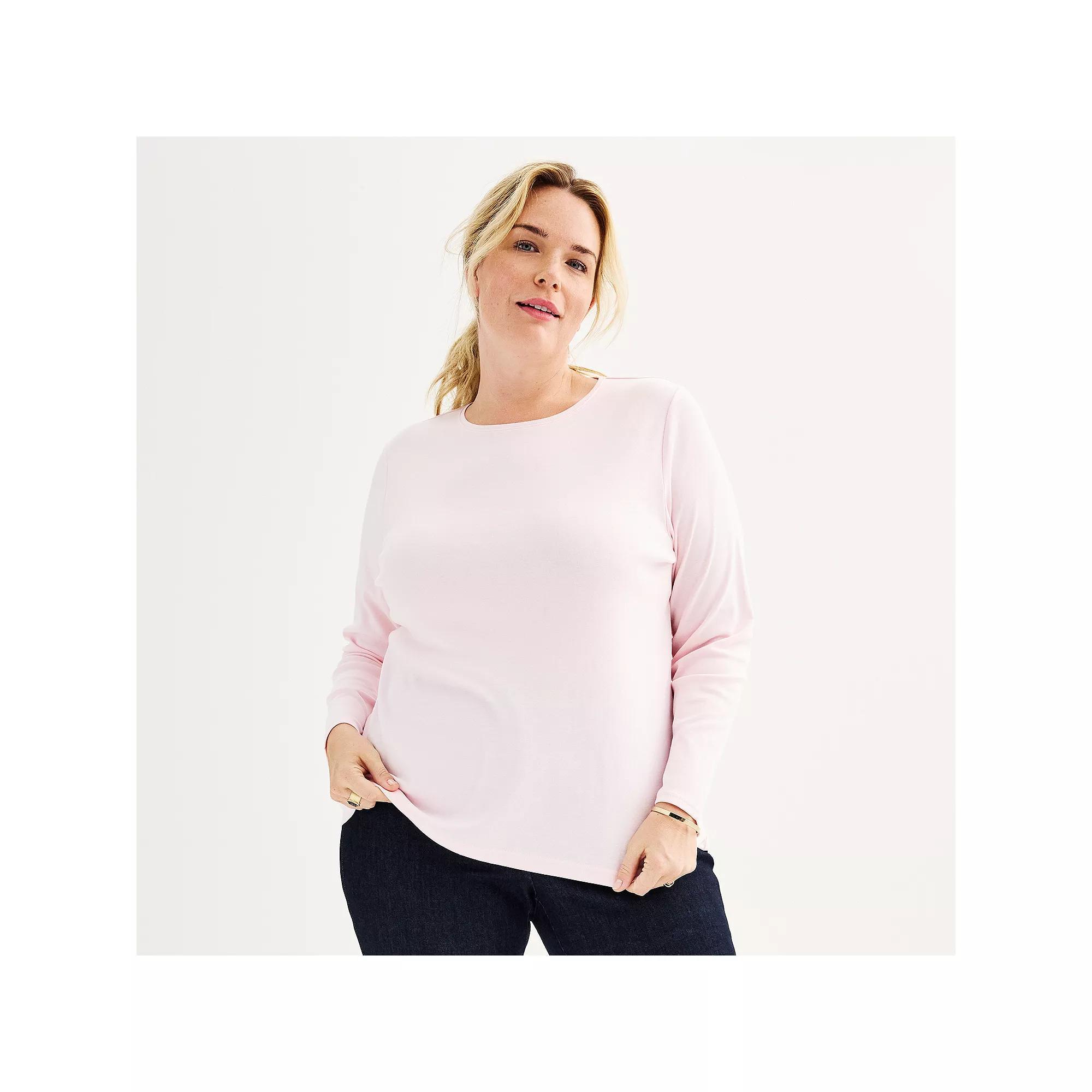 Plus Size Croft & Barrow® Essential Crewneck Long Sleeve Tee, Women's, Size: 2XL, Pink Product Image